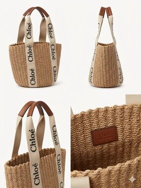 Small Woven Raffia Tote in Natural with Logo Straps